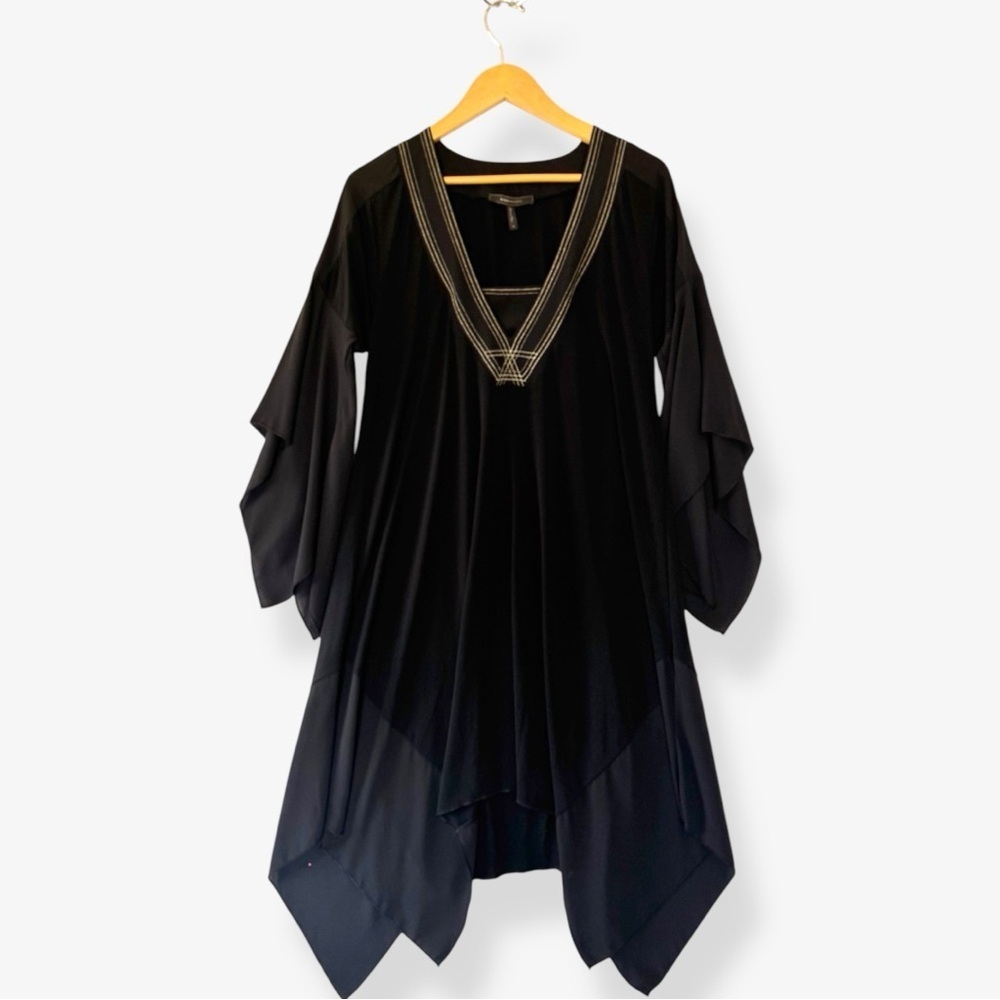 BCBG Max Azria Black Embroidered Caftan Dress Handkerchief Hem Kimono Sleeve - Picture 4 of 12